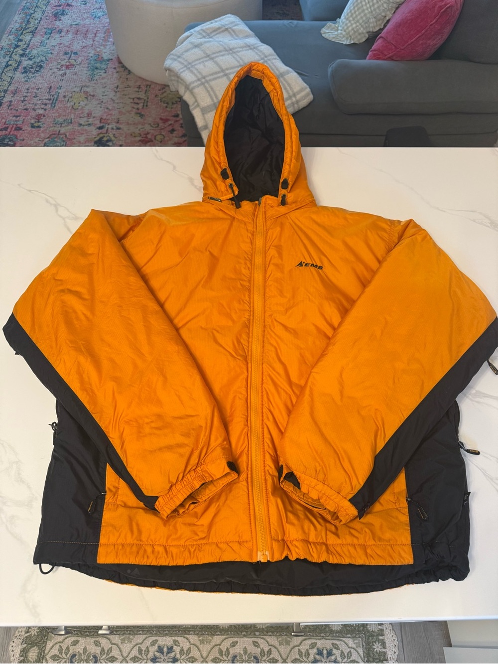 Eastern Mountain Sports Men's Orange Hooded Puffer Jacket with Black Accents